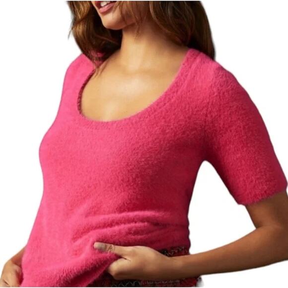 Maeve Anthropologie Rona Eyelash Sweater Tee Hot Pink Fuzzy scoop XL stretchy - Picture 2 of 9